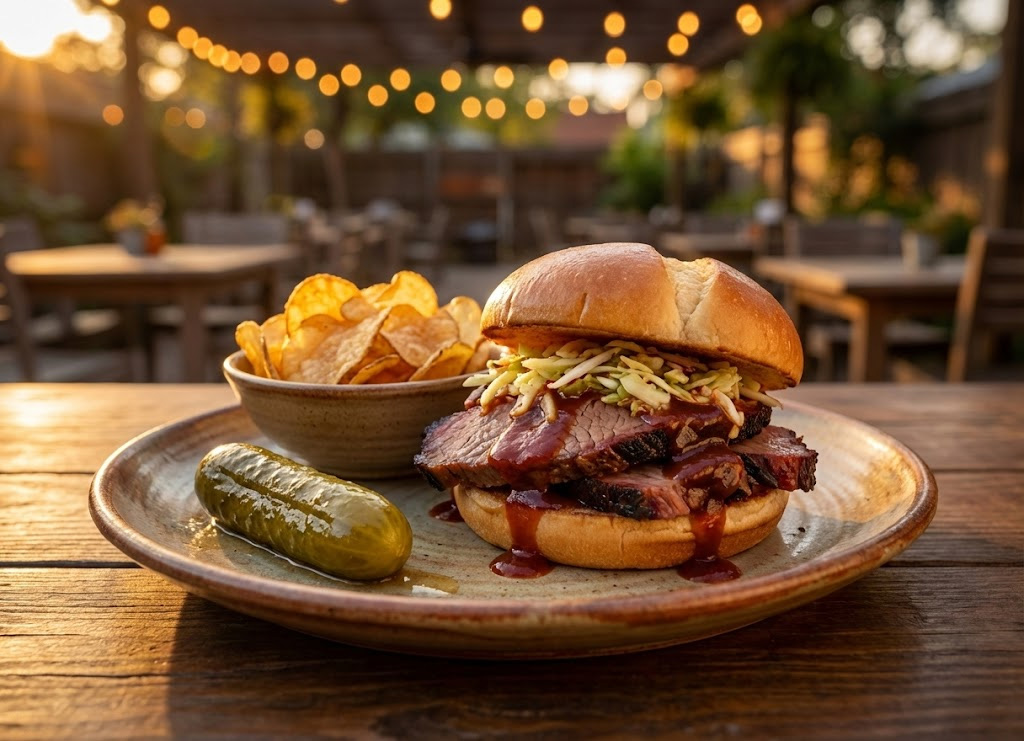 BBQ sandwich and chips served at Ironwood Golf Course outdoor patio