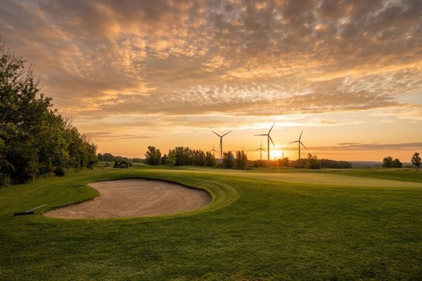 Sand bunker and green at sunset at Ironwood Golf Course in Western New York