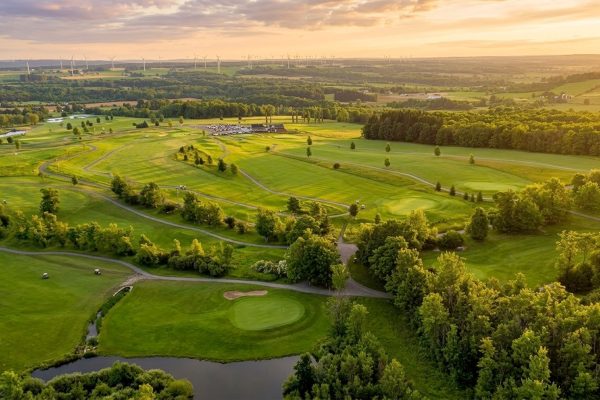 Aerial sunset view of Ironwood Golf Course fairways in Western New York