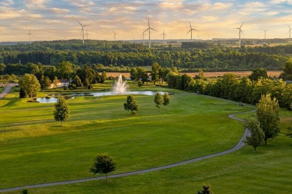 Aerial view of pond and fairways at Ironwood Golf Course in Western New York