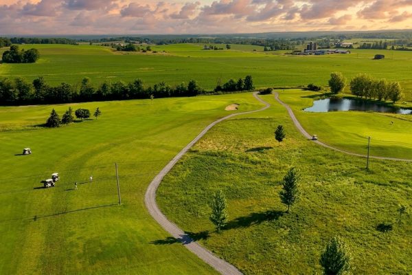 Aerial view of fairways and water feature at Ironwood Golf Course in Western New York