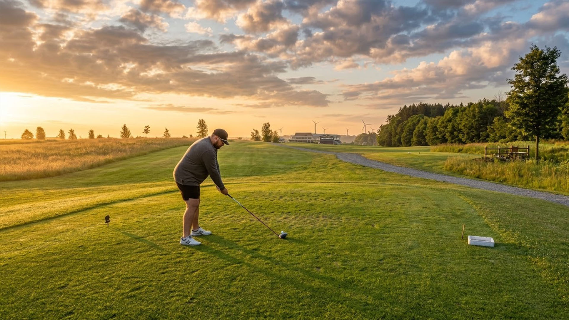 Golfer teeing off at sunset at Ironwood Golf Course in Western New York
